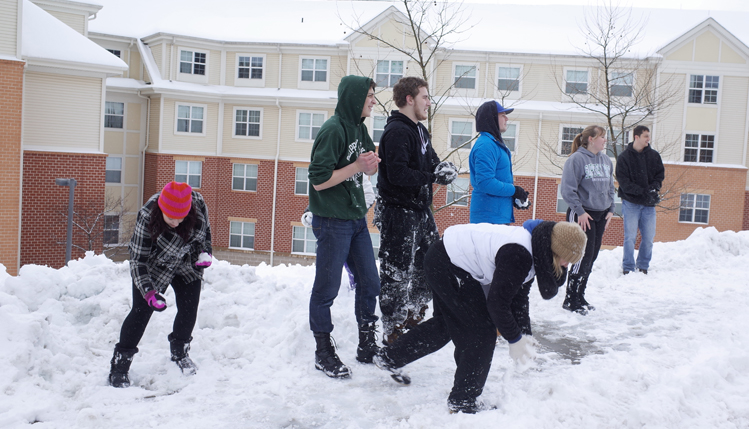 Students playing in snow near road