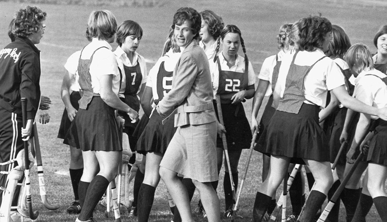Women’s sports teams at Slippery Rock University, such as the field hockey team coached by Patricia Zimmerman, wore uniforms used by the physical education department prior to the enactment of Title IX in 1972.