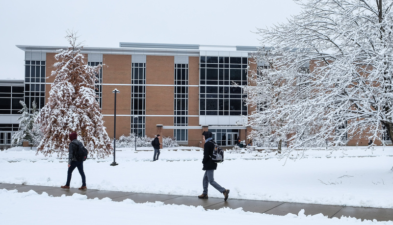 Students traversing campus
