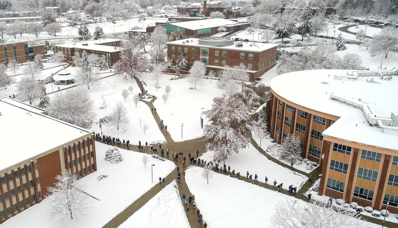 Campus from a drone covered in snow