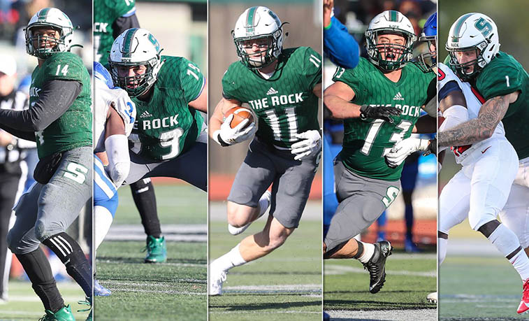 The Slippery Rock University football team landed a nation-leading five selections on the Associated Press Division II All-America team that was announced Wednesday, headlined by first team honorees Roland Rivers III and Chris Larsen.
