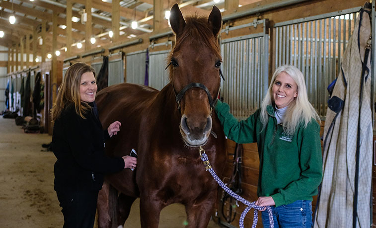 Two women with a therapy horse