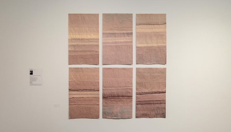 Art comprising of 6 panels with beige and pink colors
