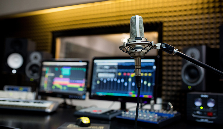 Mircophone on a boom in a studio
