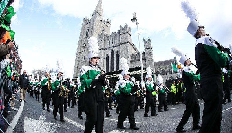 The band marches in front of St Patricks Cathedral