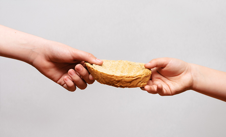 two hands holding a piece of bread