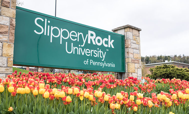 Campus sign with flowers