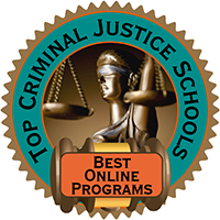 Badge des 50 meilleures écoles en ligne pour la justice pénale