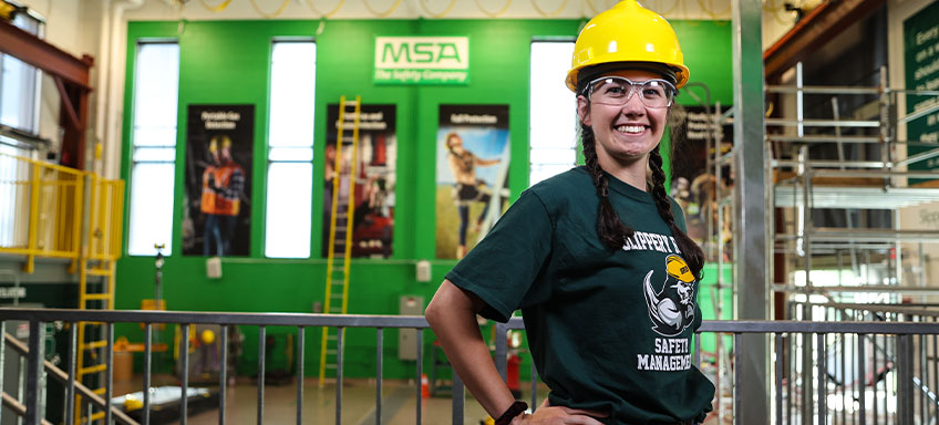 Student in the safety building