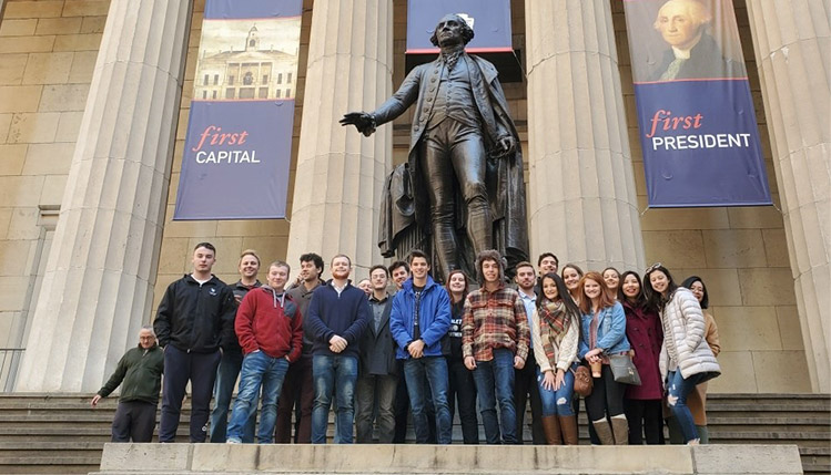 A group photo of SRU students on a trip in New York. 