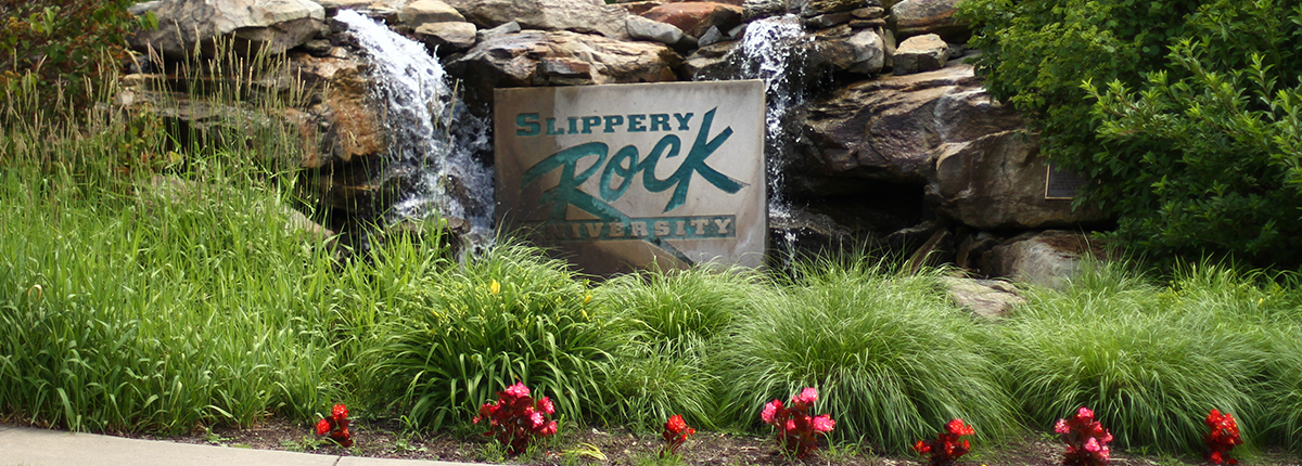 Slippery Rock University sign and fountain