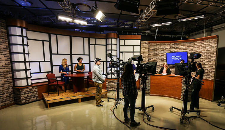 Students on the new TV set