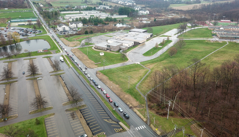 The line of cars waiting to get in