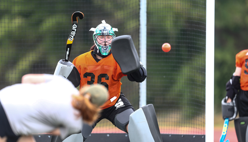 Woman playing field hockey