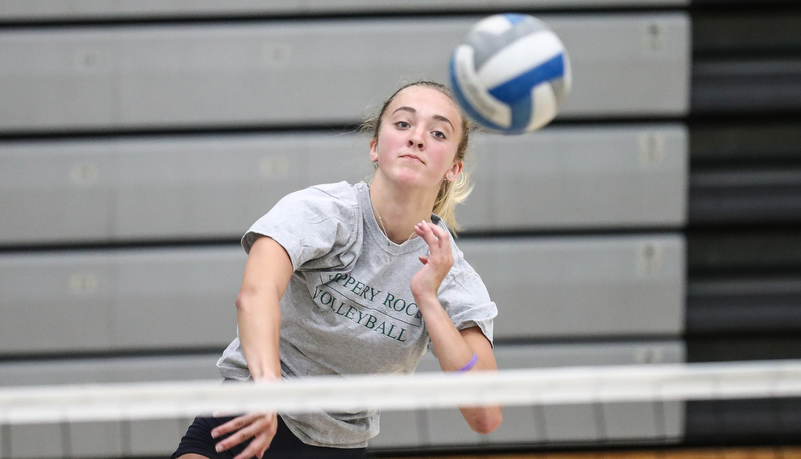 Woman spiking a volleyball