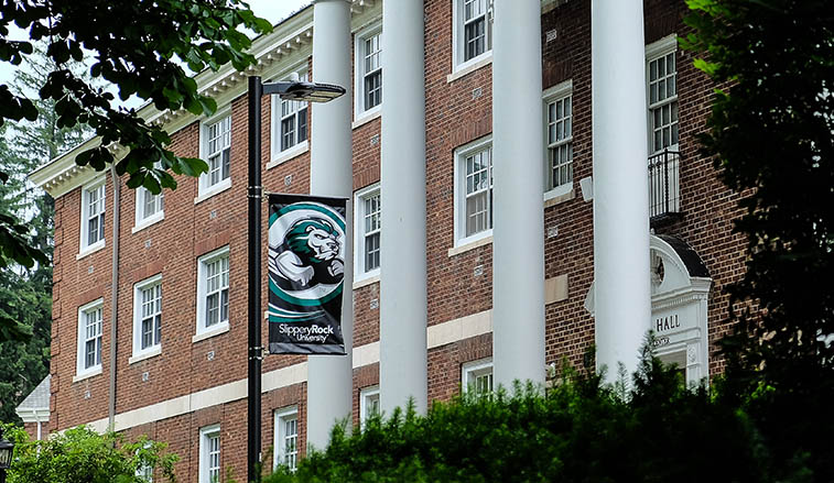 North Hall and an SRU banner