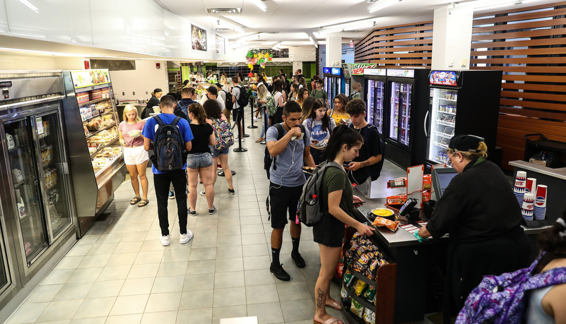 Students getting food at Rocky's