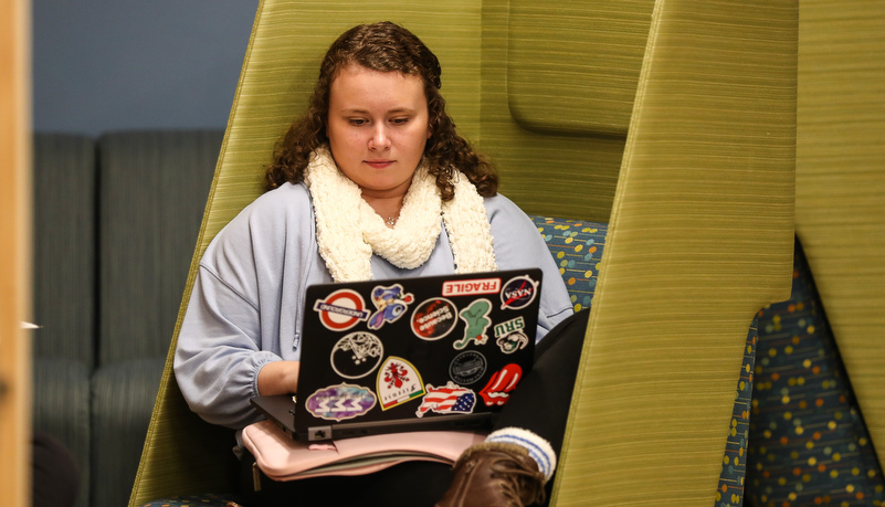 Woman reviewing material on a laptop