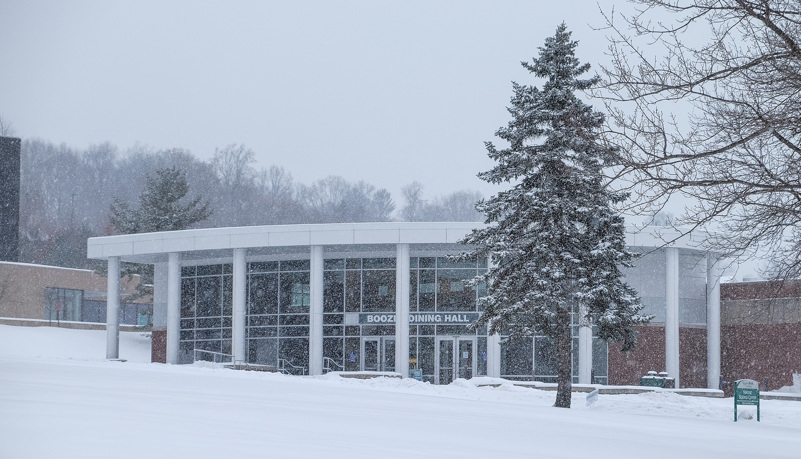 Boozel Dining hall through the trees and snow