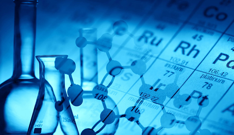 Chart of elements and beakers