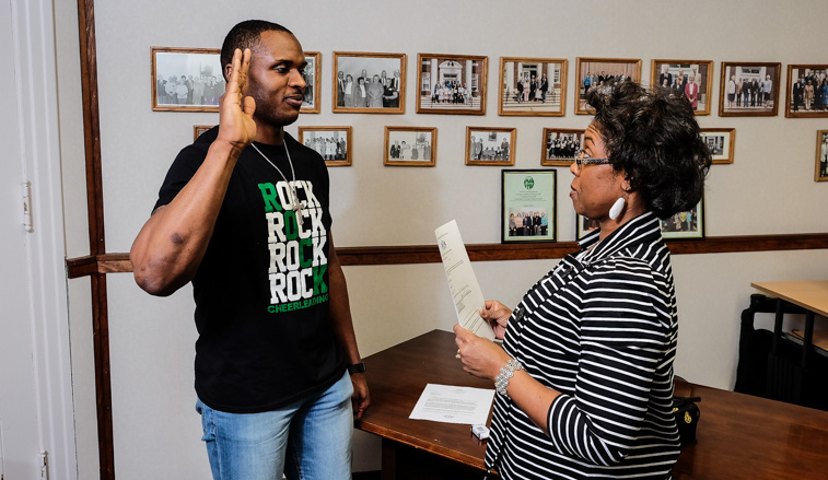 Moore being sworn in