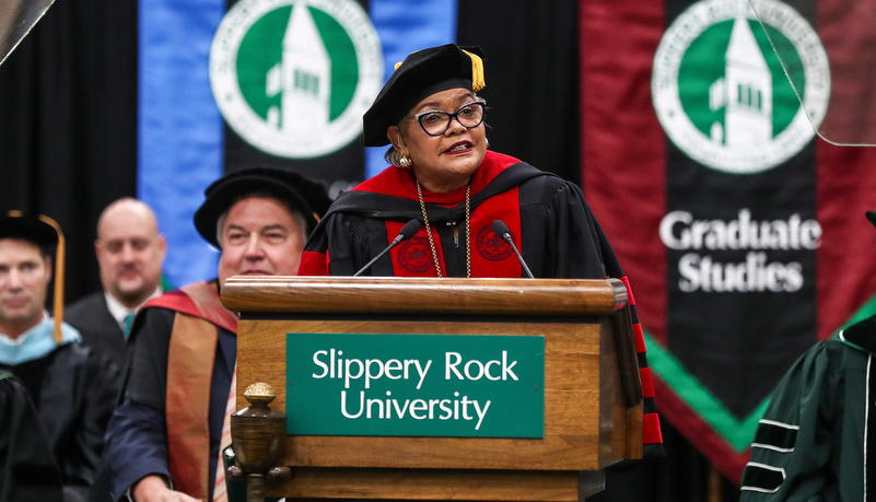 woman giving remarks