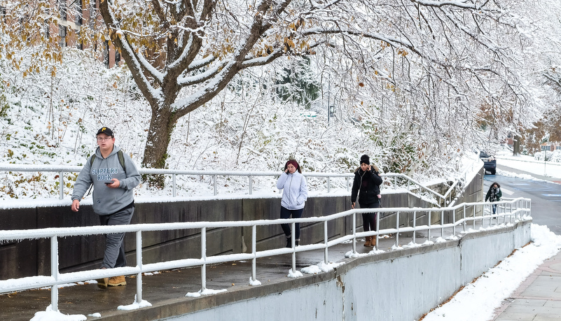 Students walking across campus