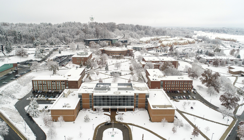 Campus from a drone covered in snow