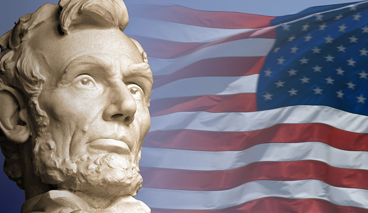 Lincoln memorial graphic with the American flag
