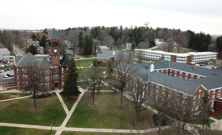 Old Main and North Hall from a drone