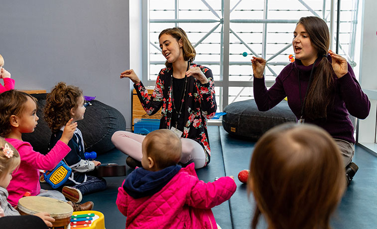 Jordan Lilly, a Slippery Rock University junior music education major from Sterling, Virginia, and Rebecca DeGraaf, a senior music therapy major from Cranberry Township, participate in the Children’s Museum of Pittsburgh’s “Music Maker” sessions, where SRU students and faculty provide free music experiences for the public.