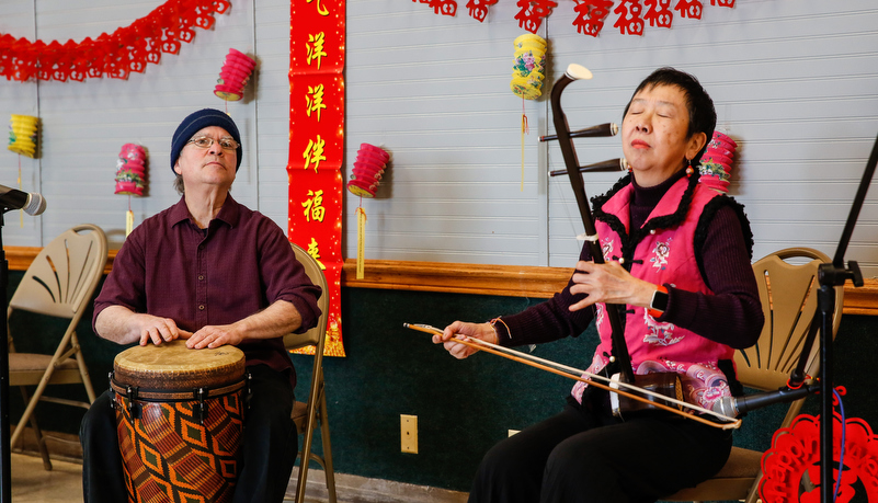 Woman playing traditional instrument