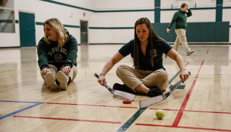 Women playing sled hockey