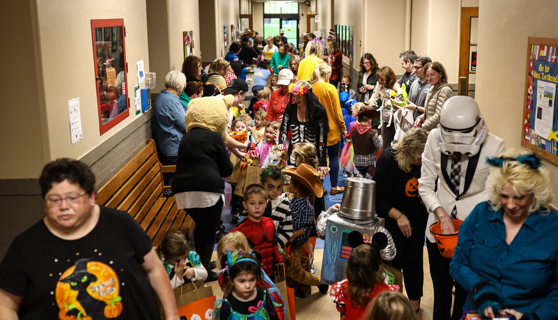 pre-school trick or treating in the hall of McKay Education building
