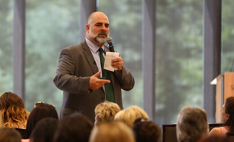 President behre addresses the collected faculty and staff Tuesday afternoon