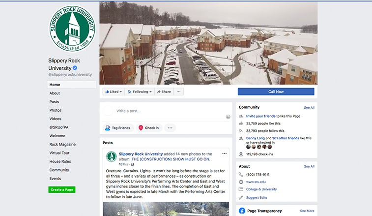 Screen shot of the SRU Facebook page