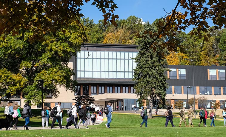 Students walking across campus