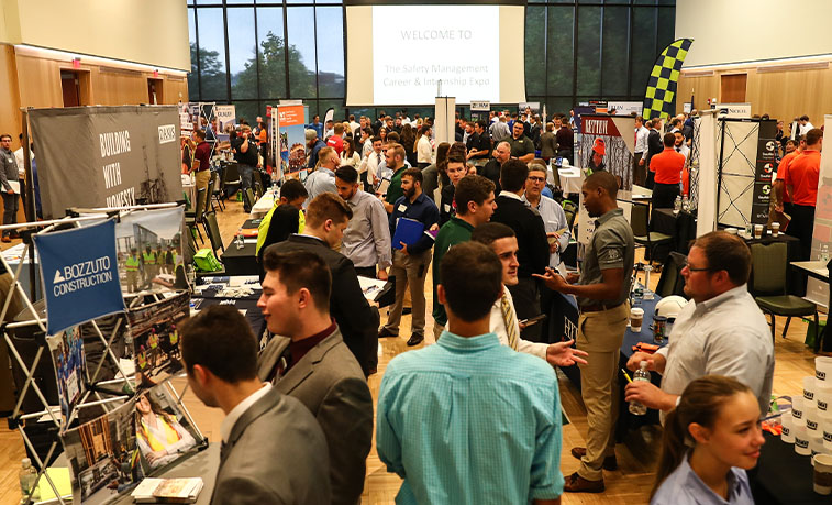 Students at an on campus job fair