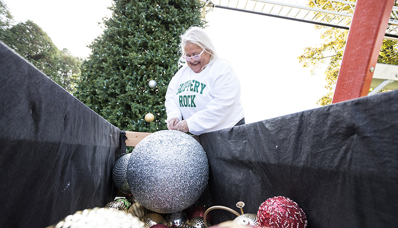 Tree being assembled and decorated