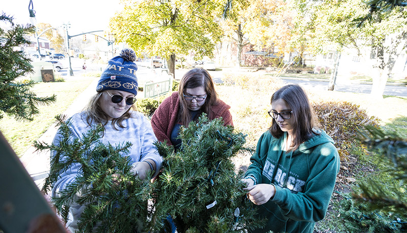 Tree being assembled and decorated