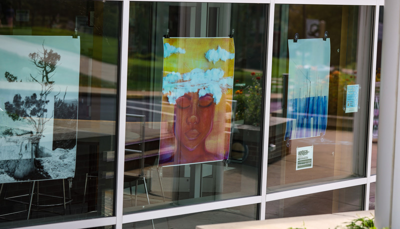 Art in the windows around campus