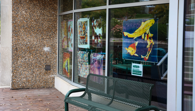 Art in the windows around campus