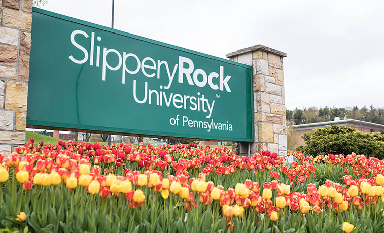 Campus sign with spring flowers