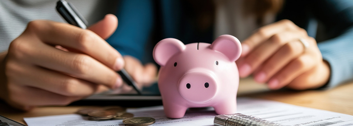 Piggy bank with money and hands around it.