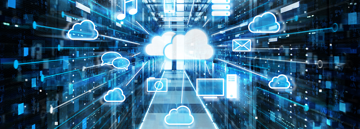 Graphic of a data cloud in a hallway of a data storage facility