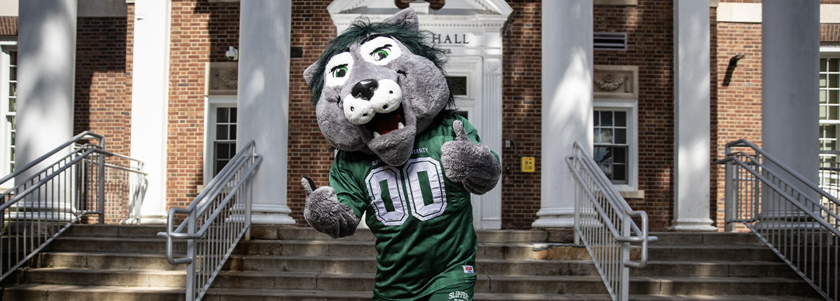 An image of Rocky the SRU mascot in his natural habitat