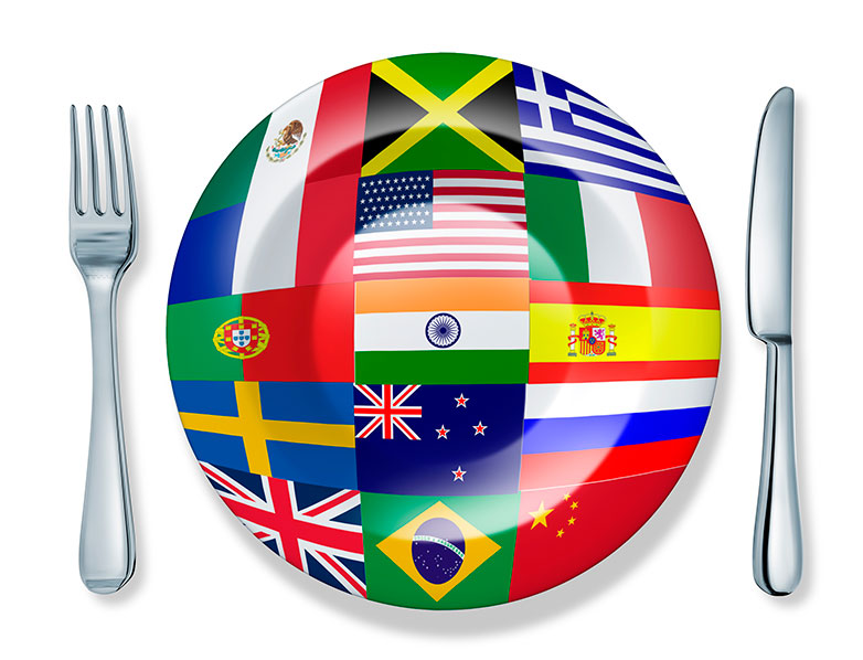 international dinner plate with flags of the nations