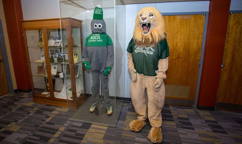 old Rocky mascot costumes on display in university archives