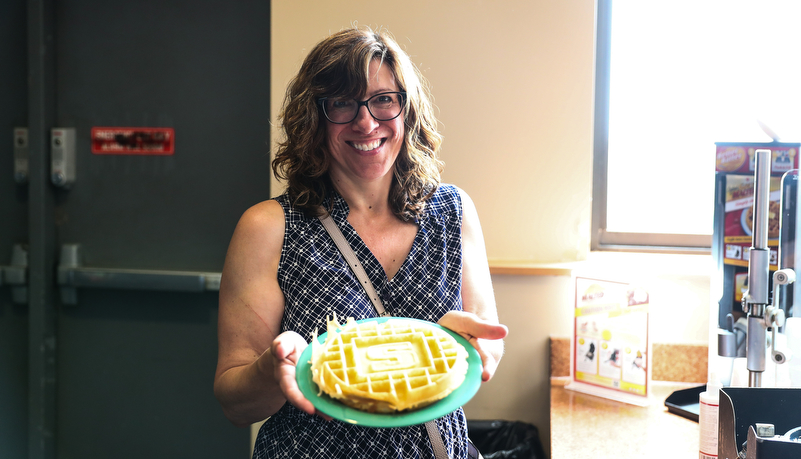 Leah with a Slippery Rock waffle