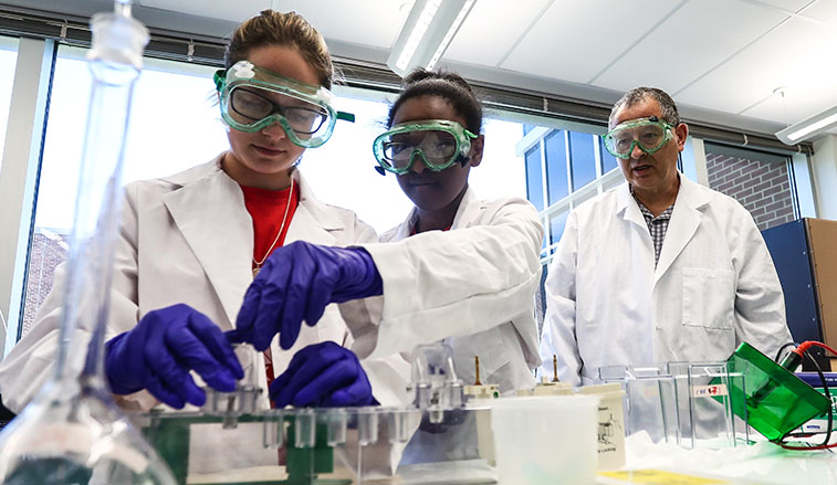 Students in a lab being supervized by a professor
